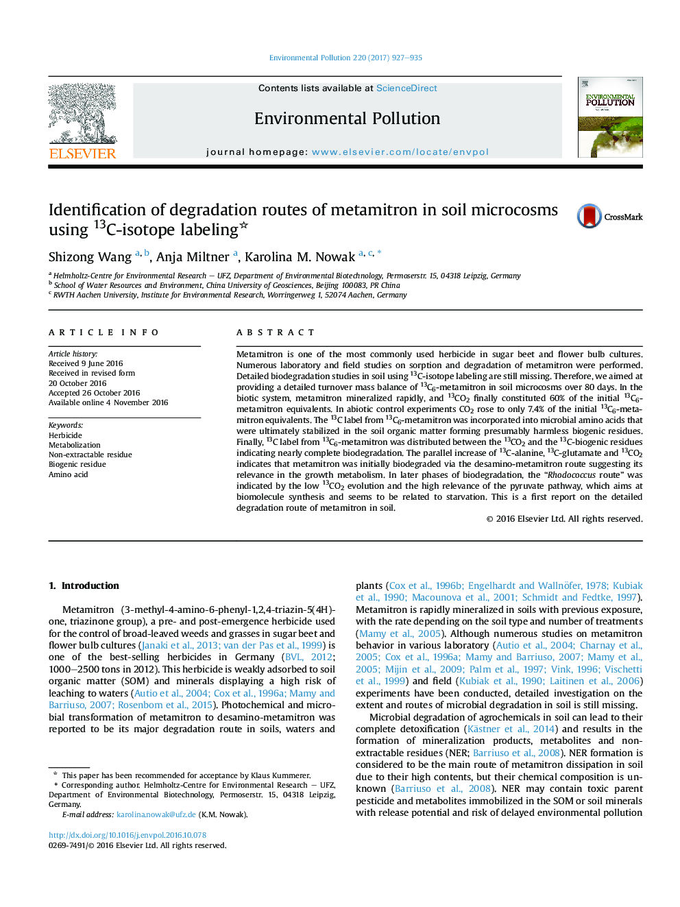 Identification of degradation routes of metamitron in soil microcosms using 13C-isotope labeling