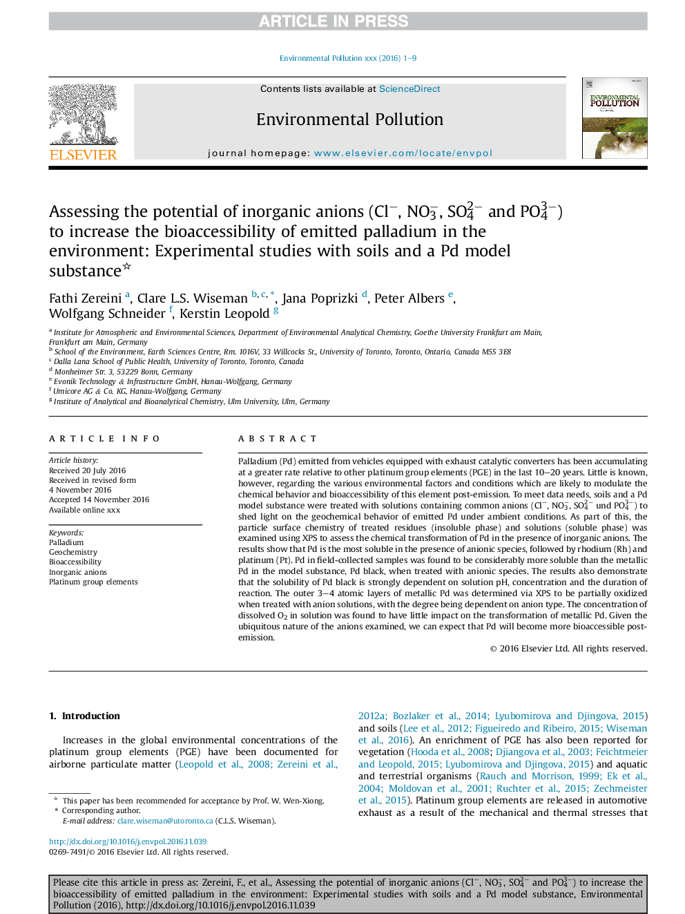 Assessing the potential of inorganic anions (Clâ, NO3â, SO42â and PO43â) to increase the bioaccessibility of emitted palladium in the environment: Experimental studies with soils and a Pd model substance