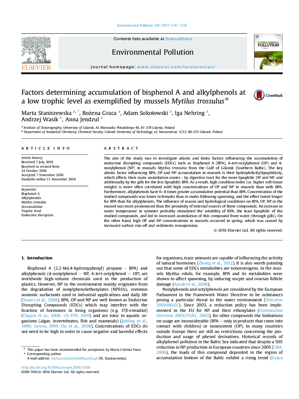 Factors determining accumulation of bisphenol A and alkylphenols at a low trophic level as exemplified by mussels Mytilus trossulus