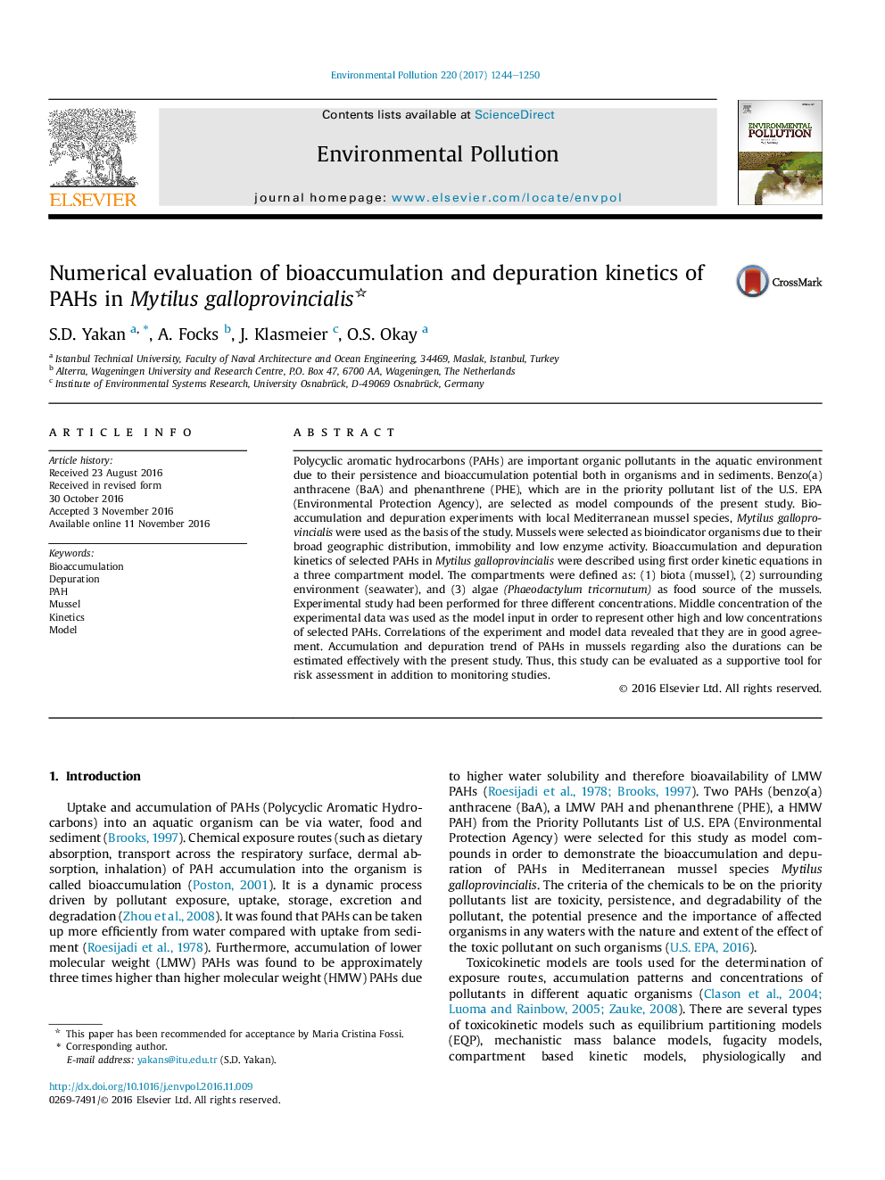 Numerical evaluation of bioaccumulation and depuration kinetics of PAHs in Mytilus galloprovincialis