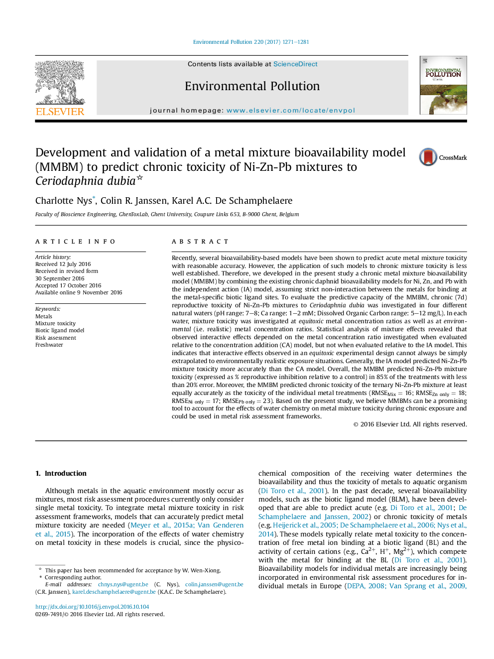 Development and validation of a metal mixture bioavailability model (MMBM) to predict chronic toxicity of Ni-Zn-Pb mixtures to Ceriodaphnia dubia