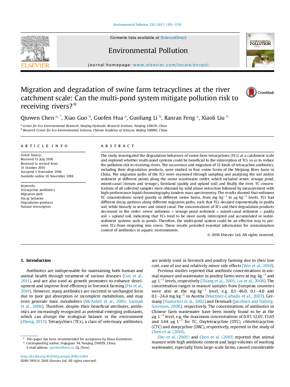 Migration and degradation of swine farm tetracyclines at the river catchment scale: Can the multi-pond system mitigate pollution risk to receiving rivers?