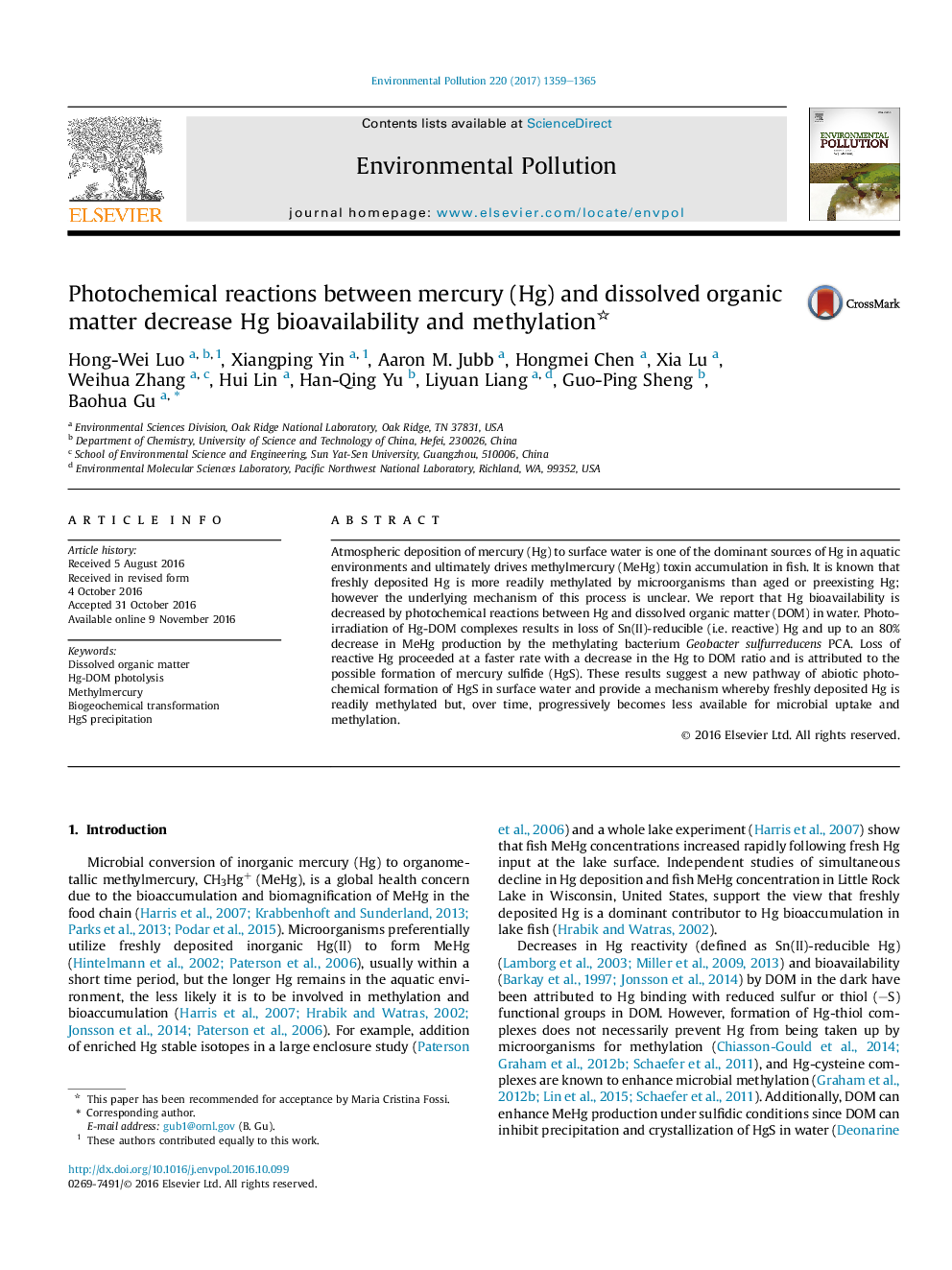 Photochemical reactions between mercury (Hg) and dissolved organic matter decrease Hg bioavailability and methylation