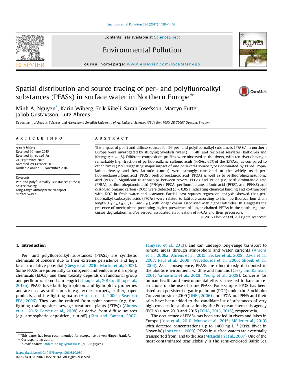 Spatial distribution and source tracing of per- and polyfluoroalkyl substances (PFASs) in surface water in Northern Europe