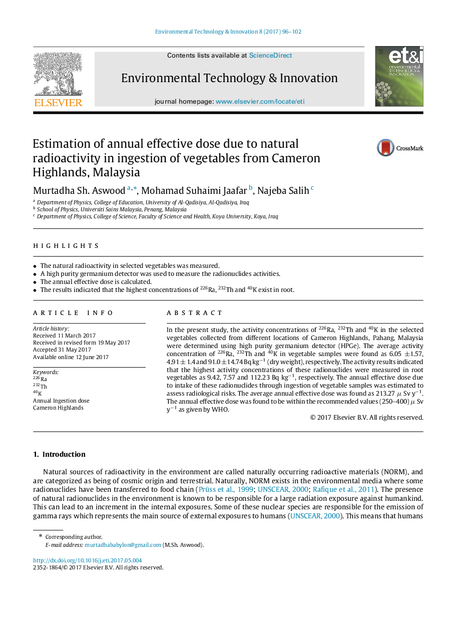 Estimation of annual effective dose due to natural radioactivity in ingestion of vegetables from Cameron Highlands, Malaysia