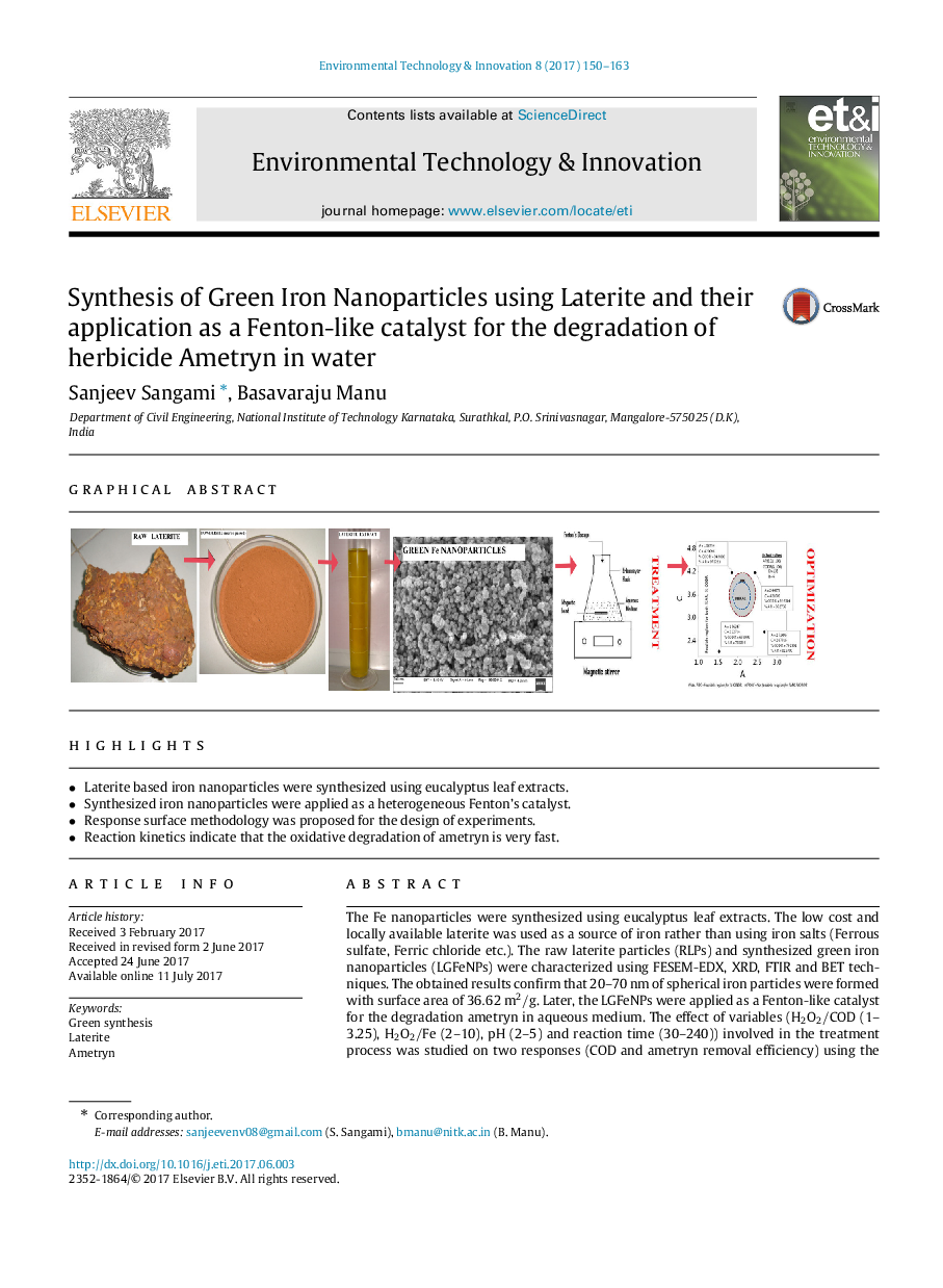 Synthesis of Green Iron Nanoparticles using Laterite and their application as a Fenton-like catalyst for the degradation of herbicide Ametryn in water