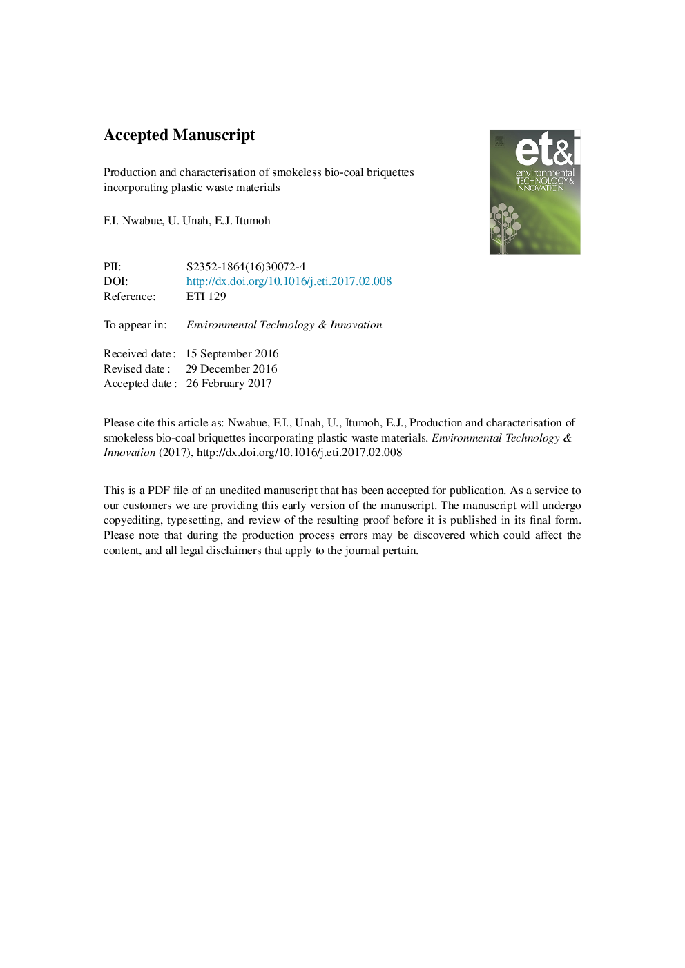 Production and characterization of smokeless bio-coal briquettes incorporating plastic waste materials