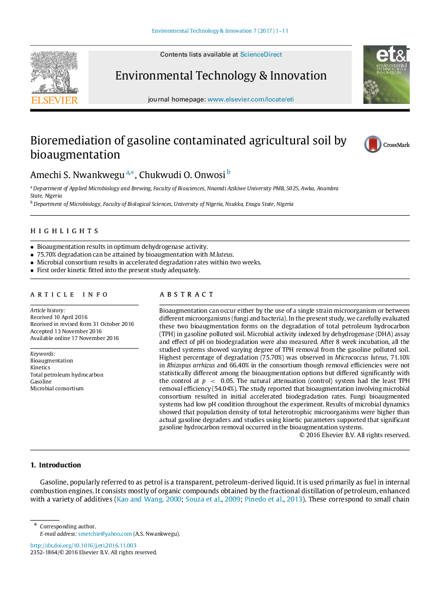 Bioremediation of gasoline contaminated agricultural soil by bioaugmentation