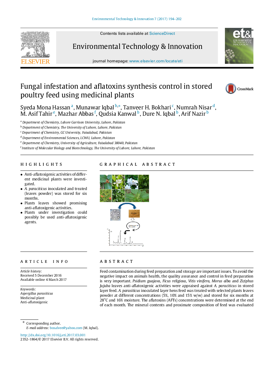 Fungal infestation and aflatoxins synthesis control in stored poultry feed using medicinal plants