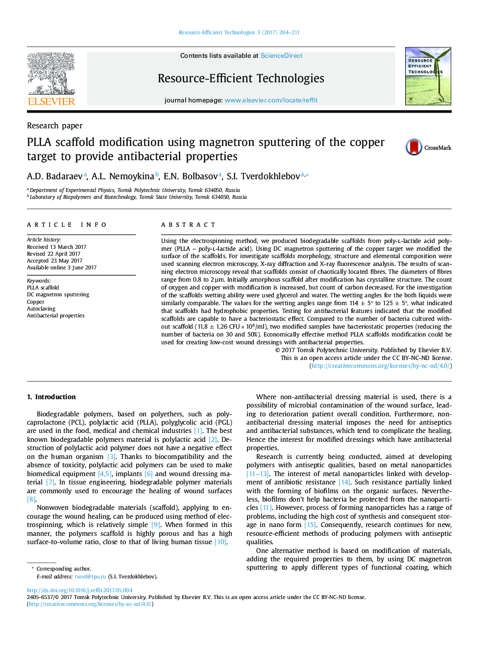 PLLA scaffold modification using magnetron sputtering of the copper target to provide antibacterial properties