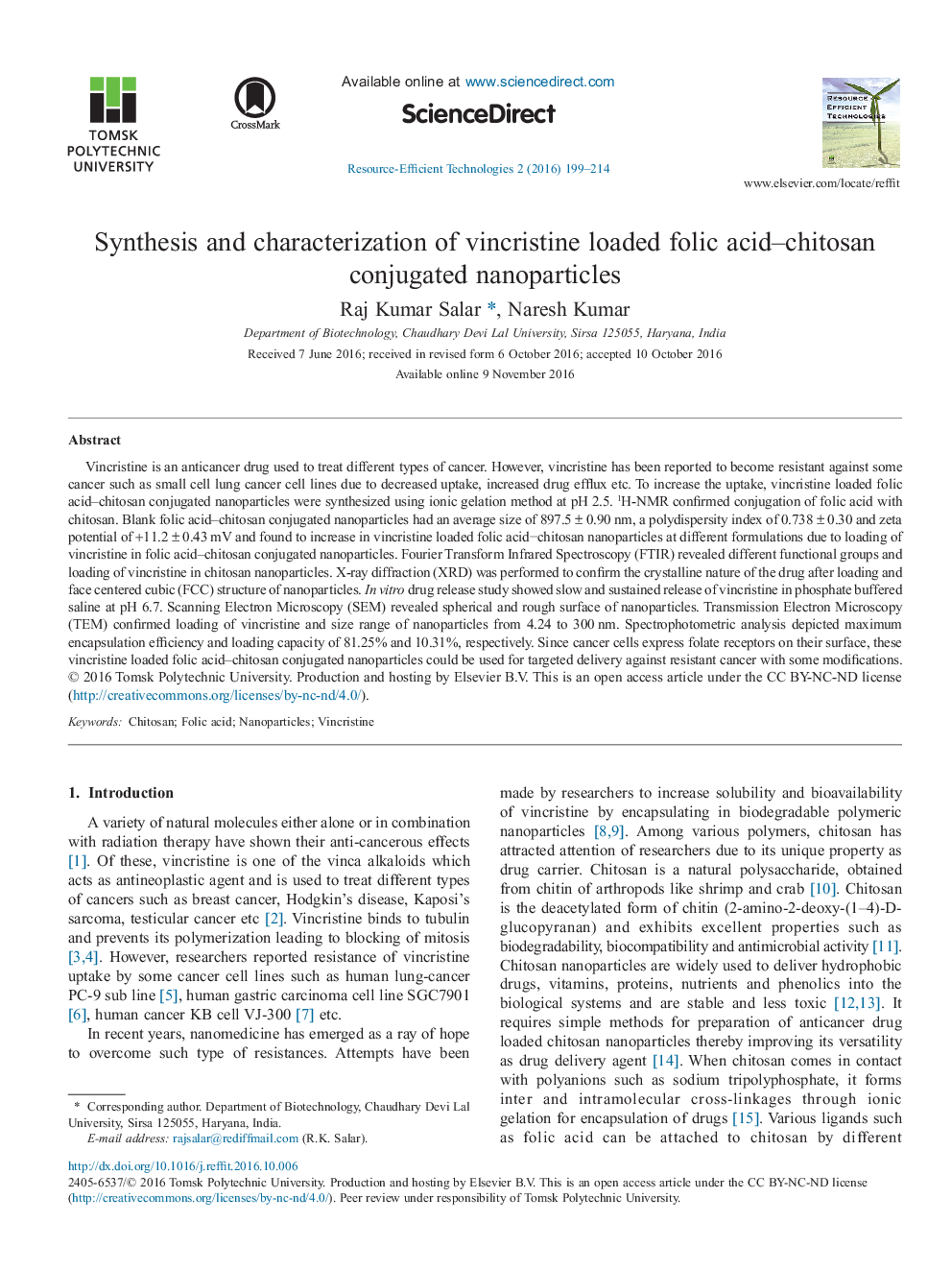 Synthesis and characterization of vincristine loaded folic acid-chitosan conjugated nanoparticles