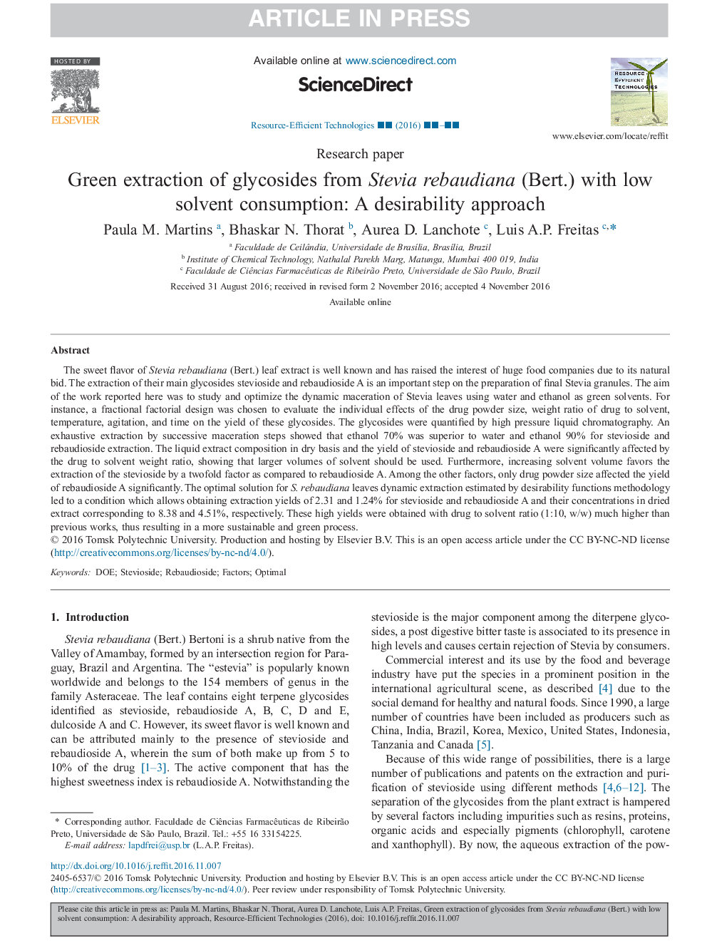 Green extraction of glycosides from Stevia rebaudiana (Bert.) with low solvent consumption: A desirability approach