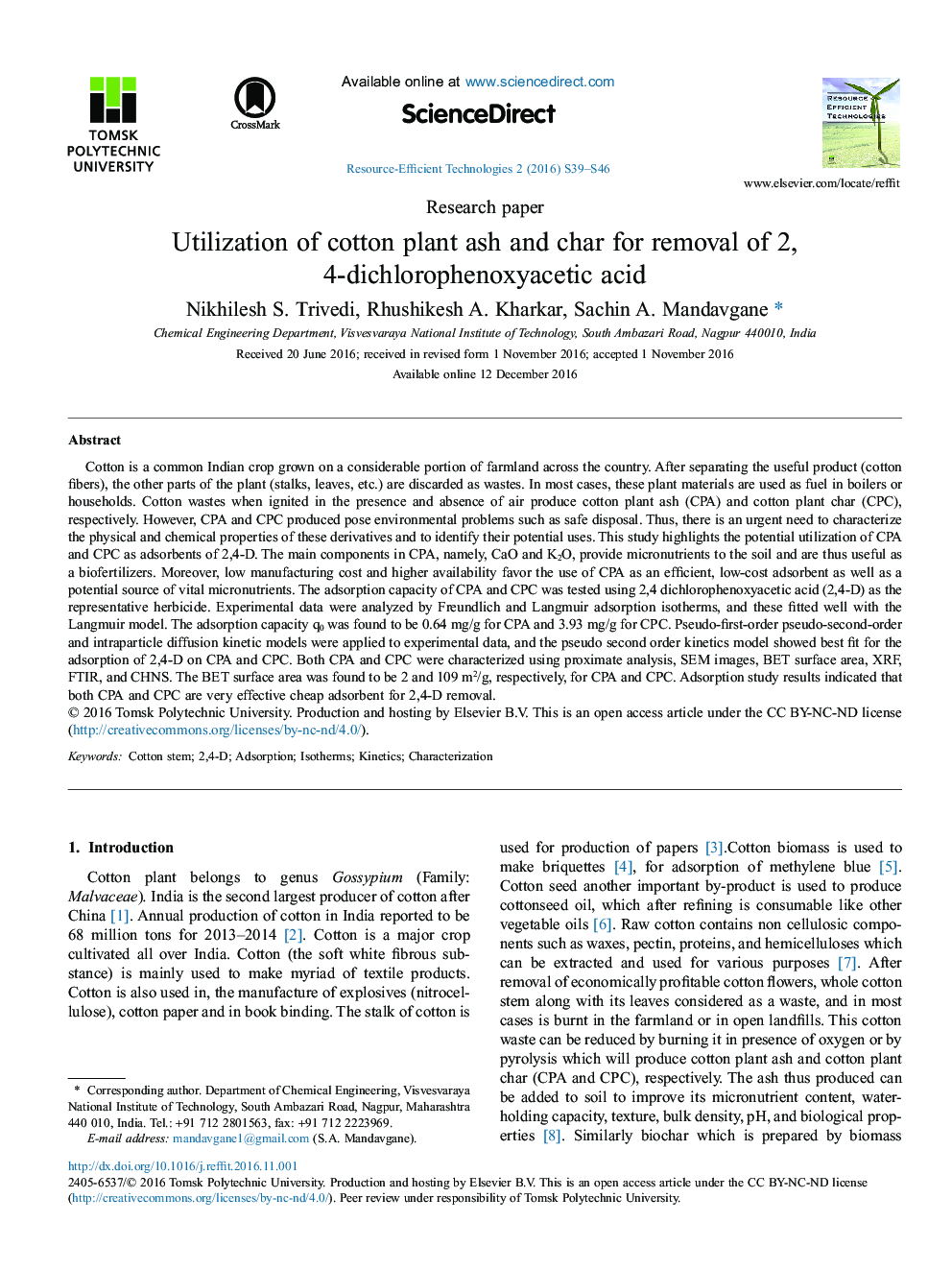 Research paperUtilization of cotton plant ash and char for removal of 2, 4-dichlorophenoxyacetic acid