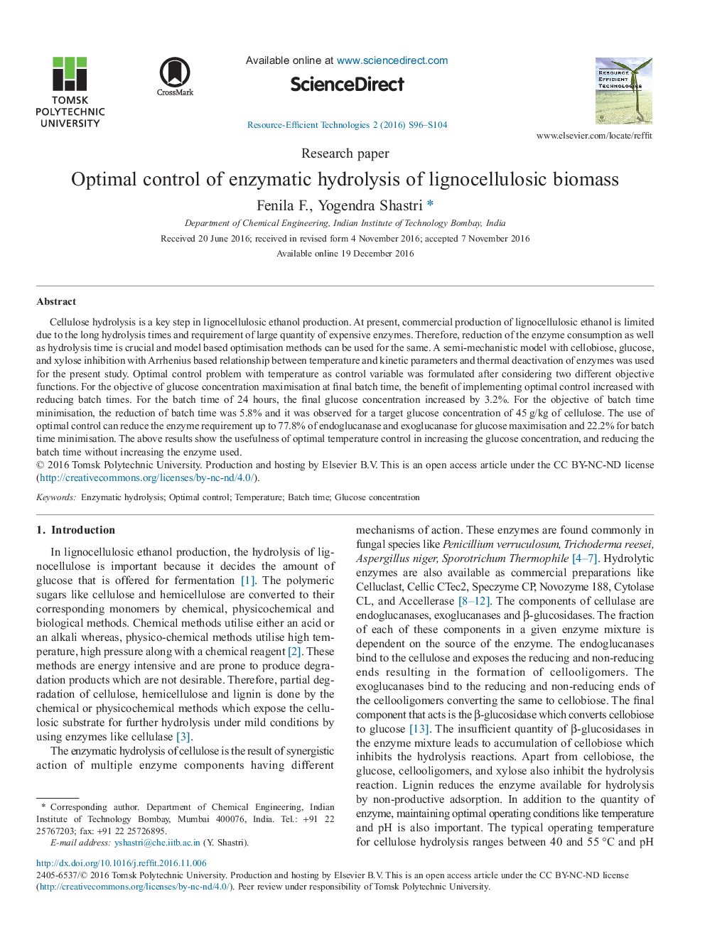 Optimal control of enzymatic hydrolysis of lignocellulosic biomass
