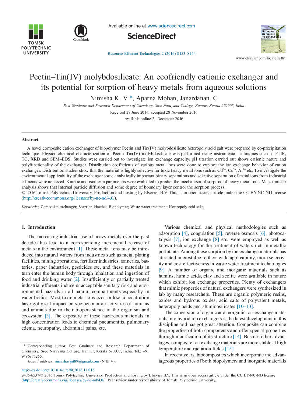 Pectin-Tin(IV) molybdosilicate: An ecofriendly cationic exchanger and its potential for sorption of heavy metals from aqueous solutions