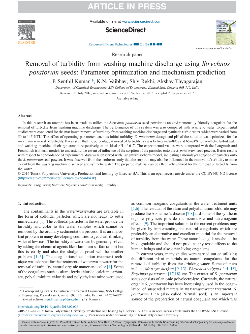 Removal of turbidity from washing machine discharge using Strychnos potatorum seeds: Parameter optimization and mechanism prediction