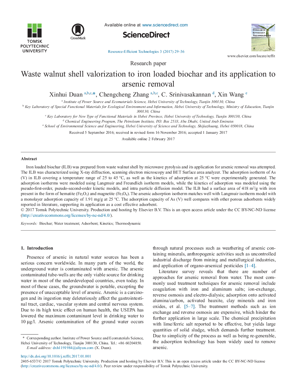 Research paperWaste walnut shell valorization to iron loaded biochar and its application to arsenic removal