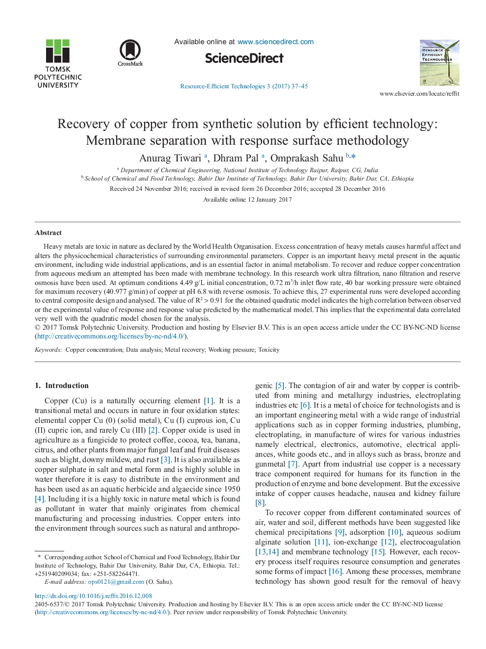 Recovery of copper from synthetic solution by efficient technology: Membrane separation with response surface methodology