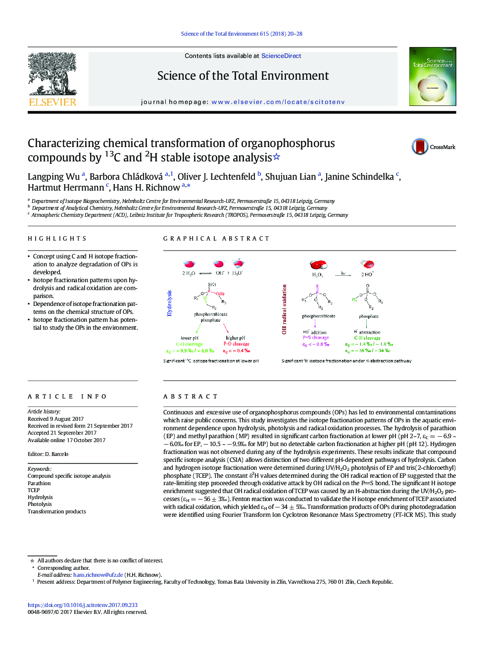 Characterizing chemical transformation of organophosphorus compounds by 13C and 2H stable isotope analysis