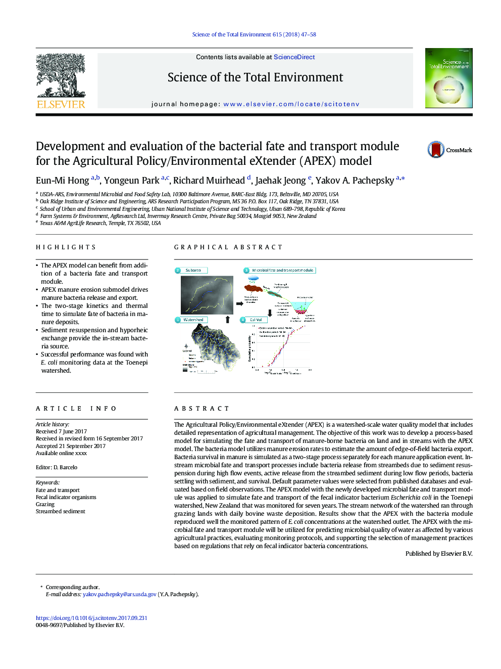 Development and evaluation of the bacterial fate and transport module for the Agricultural Policy/Environmental eXtender (APEX) model