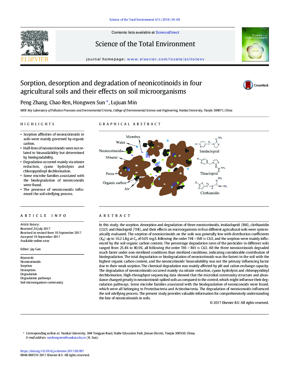 Sorption, desorption and degradation of neonicotinoids in four agricultural soils and their effects on soil microorganisms