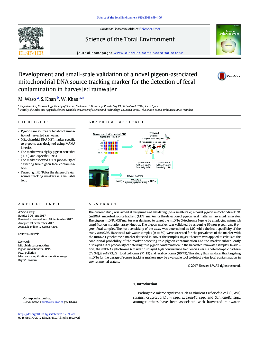 Development and small-scale validation of a novel pigeon-associated mitochondrial DNA source tracking marker for the detection of fecal contamination in harvested rainwater