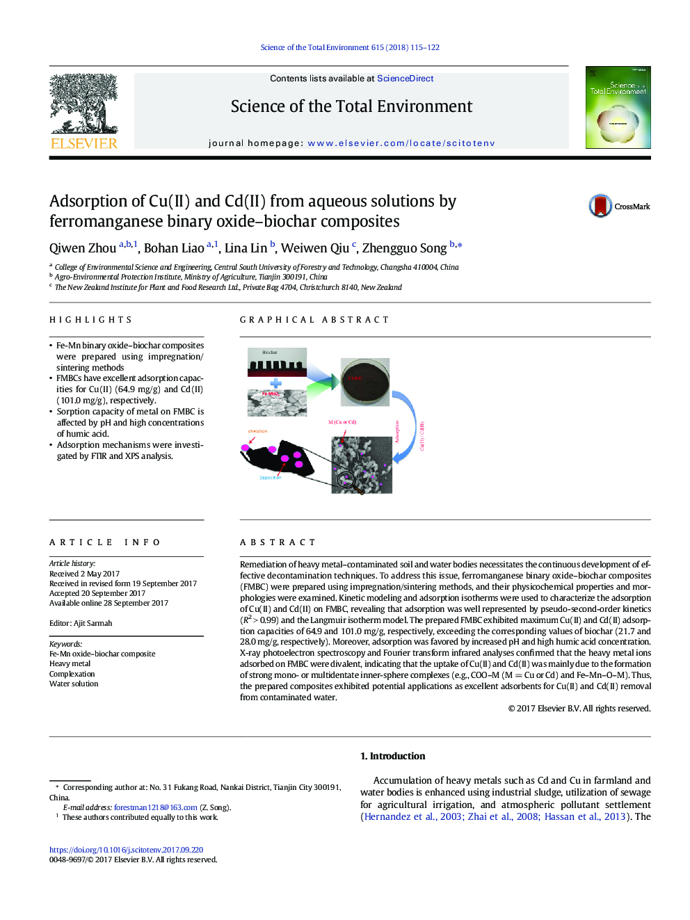 Adsorption of Cu(II) and Cd(II) from aqueous solutions by ferromanganese binary oxide-biochar composites