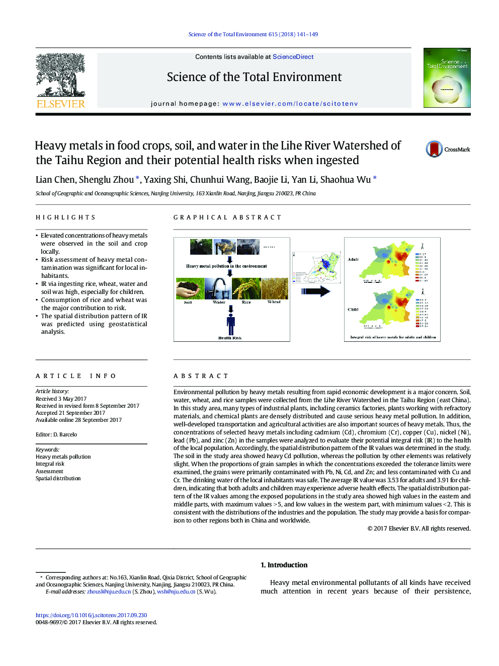 Heavy metals in food crops, soil, and water in the Lihe River Watershed of the Taihu Region and their potential health risks when ingested