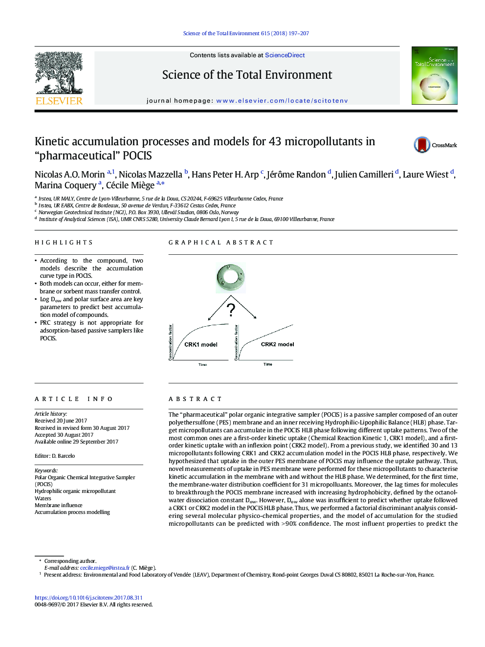 Kinetic accumulation processes and models for 43 micropollutants in “pharmaceutical” POCIS