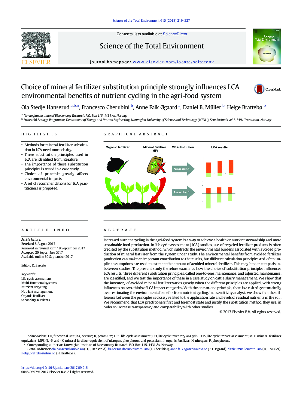 Choice of mineral fertilizer substitution principle strongly influences LCA environmental benefits of nutrient cycling in the agri-food system