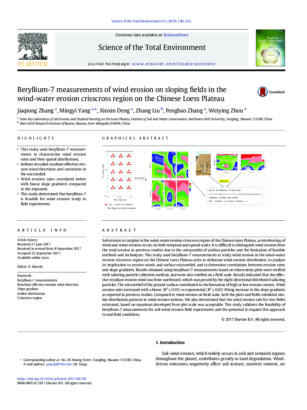 Beryllium-7 measurements of wind erosion on sloping fields in the wind-water erosion crisscross region on the Chinese Loess Plateau