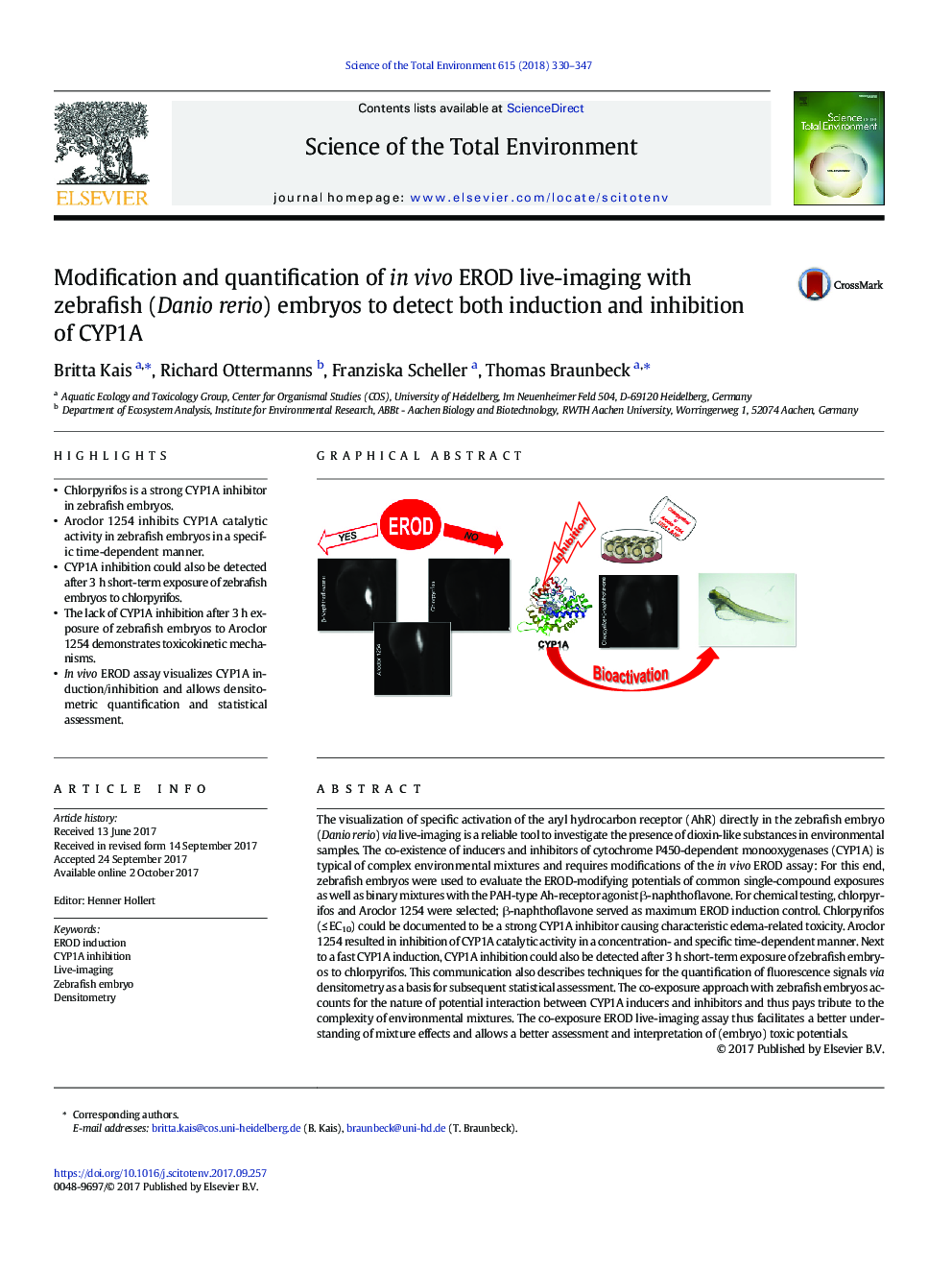 Modification and quantification of in vivo EROD live-imaging with zebrafish (Danio rerio) embryos to detect both induction and inhibition of CYP1A