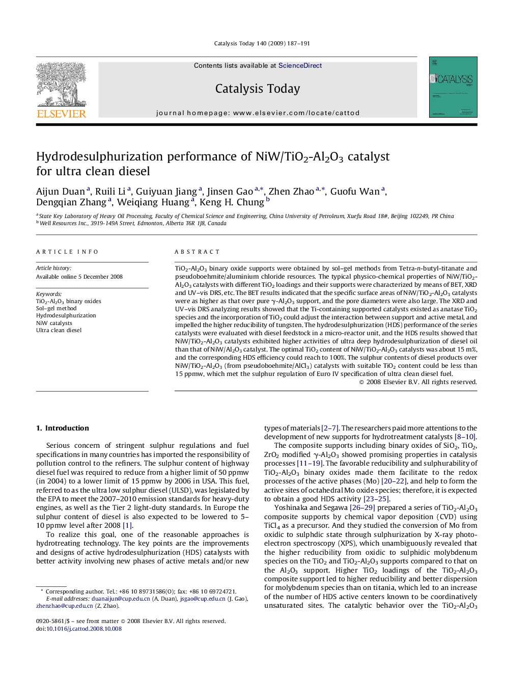 Hydrodesulphurization performance of NiW/TiO2-Al2O3 catalyst for ultra clean diesel