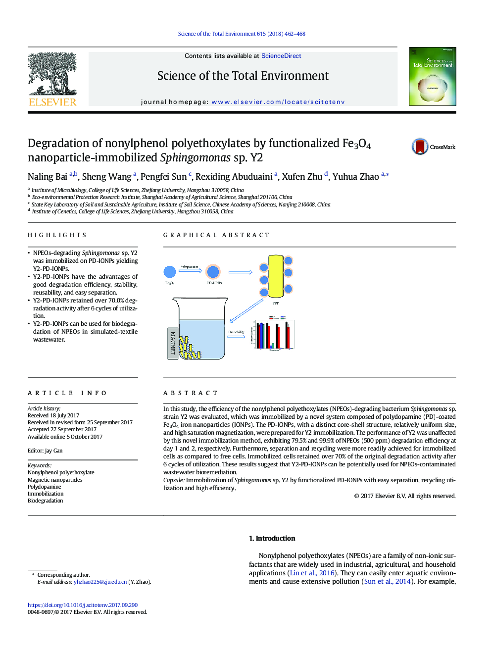 Degradation of nonylphenol polyethoxylates by functionalized Fe3O4 nanoparticle-immobilized Sphingomonas sp. Y2