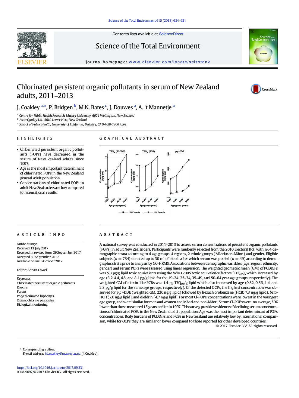 Chlorinated persistent organic pollutants in serum of New Zealand adults, 2011-2013