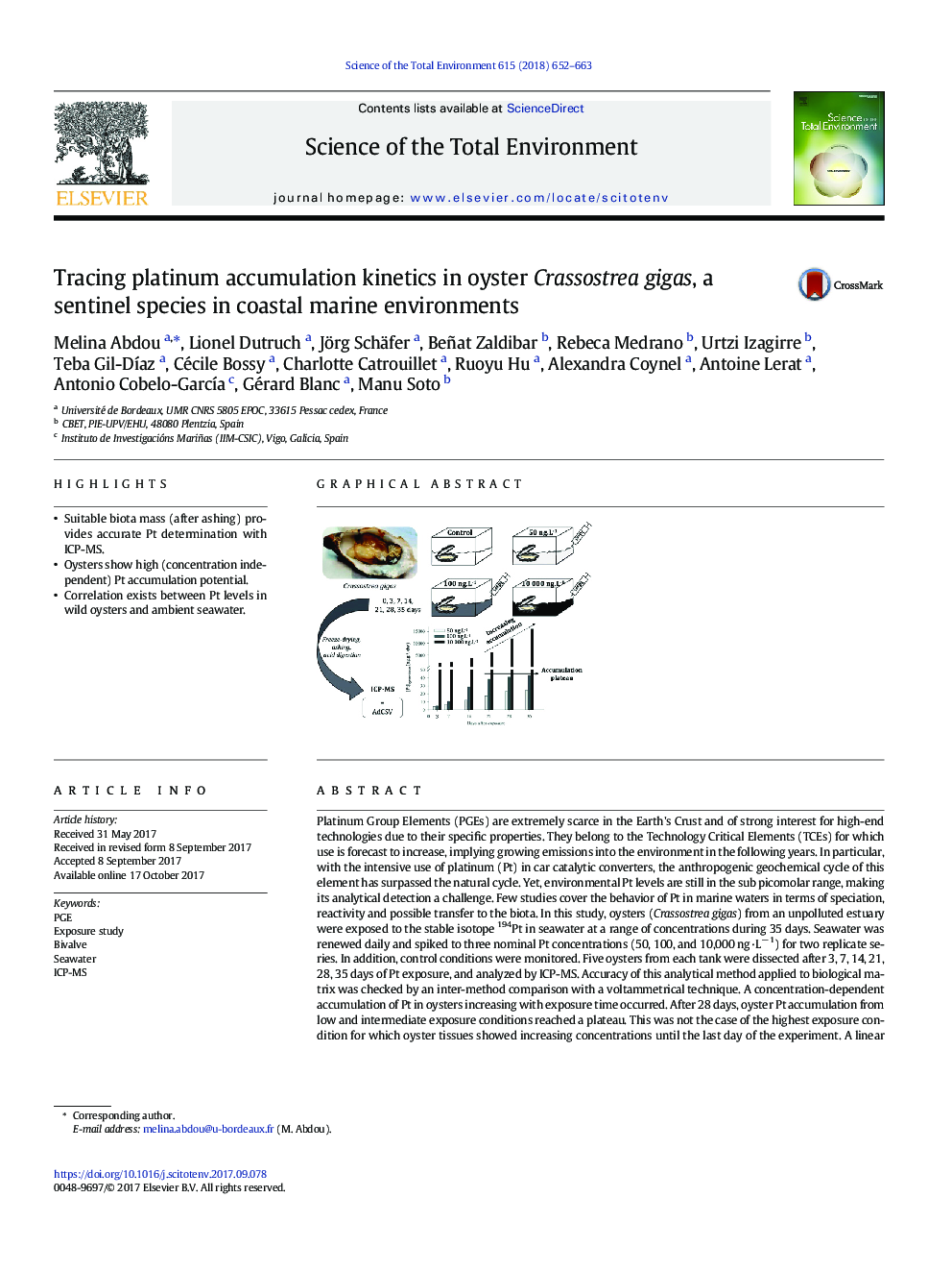 Tracing platinum accumulation kinetics in oyster Crassostrea gigas, a sentinel species in coastal marine environments