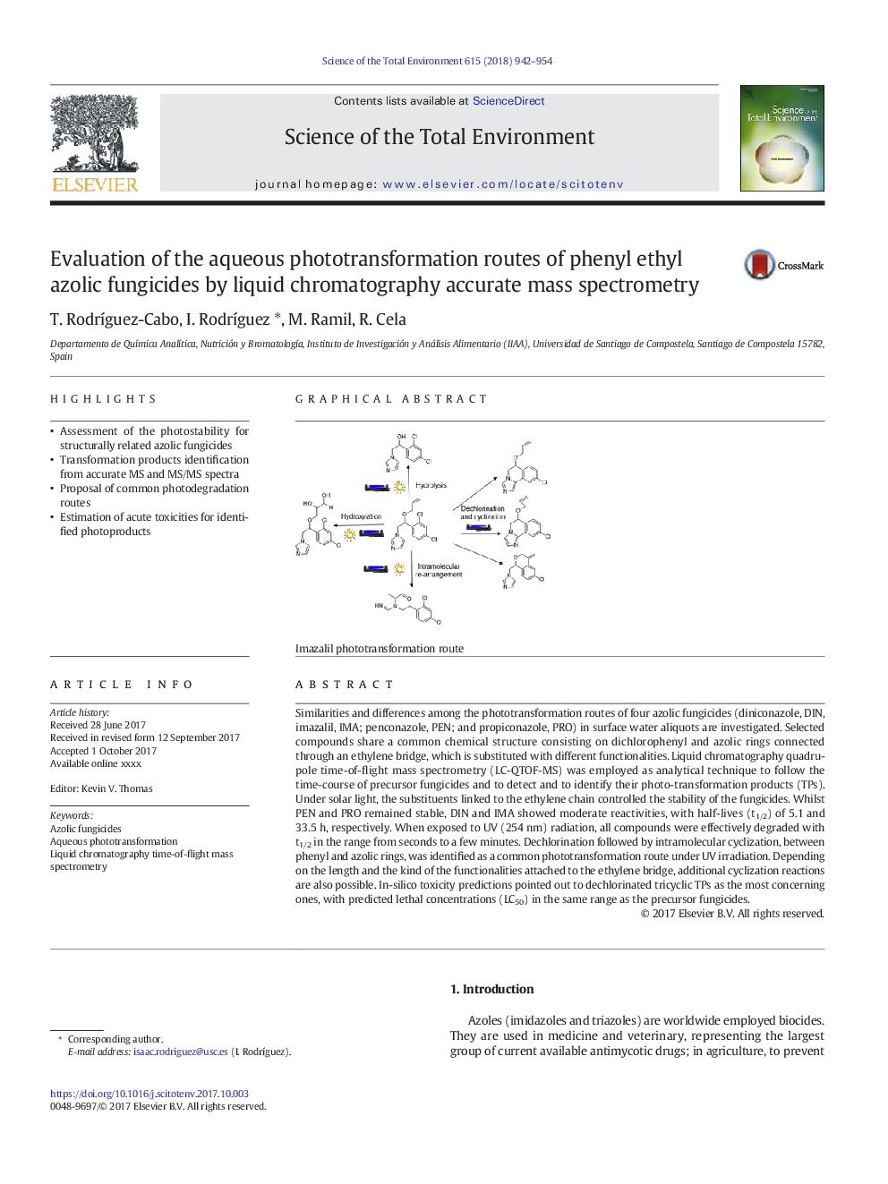 Evaluation of the aqueous phototransformation routes of phenyl ethyl azolic fungicides by liquid chromatography accurate mass spectrometry