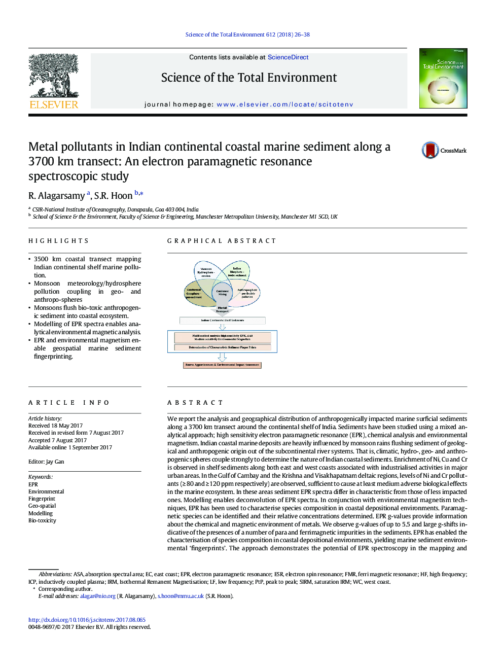 Metal pollutants in Indian continental coastal marine sediment along a 3700Â km transect: An electron paramagnetic resonance spectroscopic study