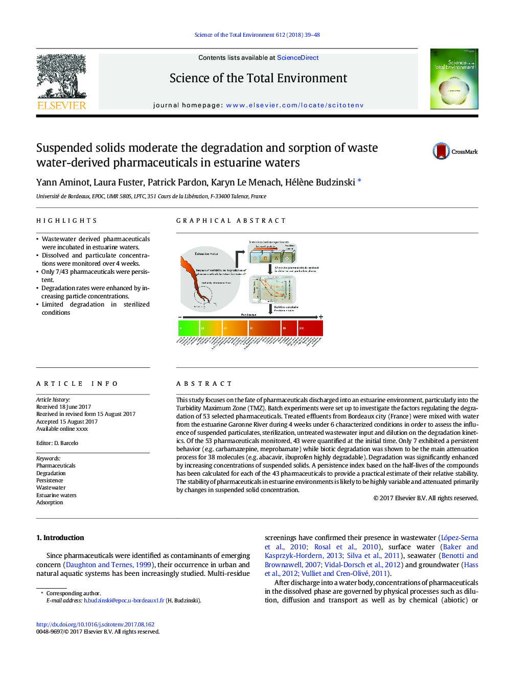 Suspended solids moderate the degradation and sorption of waste water-derived pharmaceuticals in estuarine waters