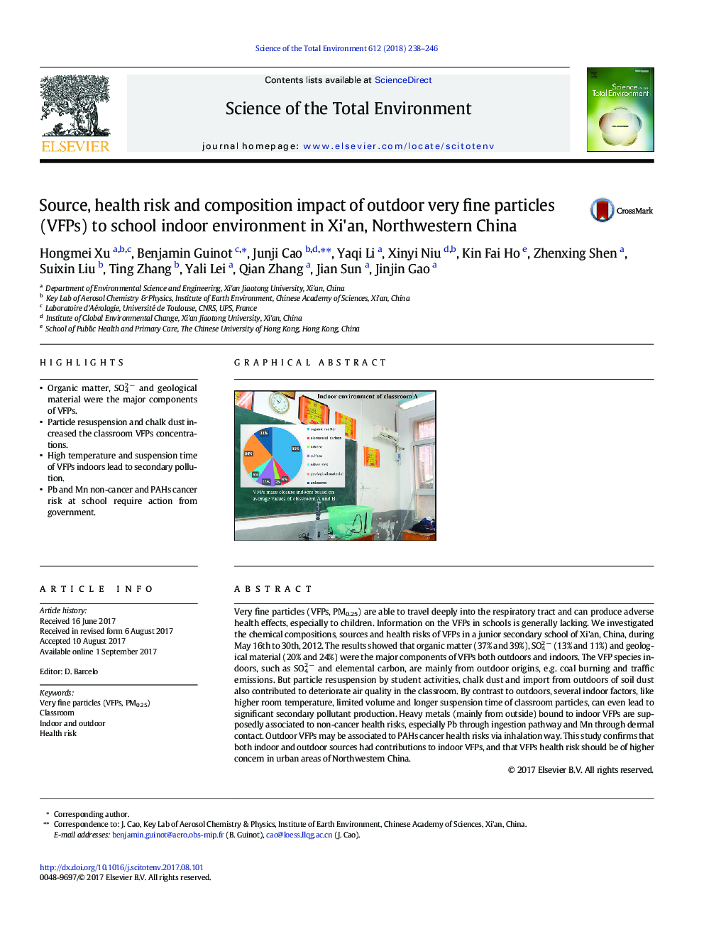 Source, health risk and composition impact of outdoor very fine particles (VFPs) to school indoor environment in Xi'an, Northwestern China