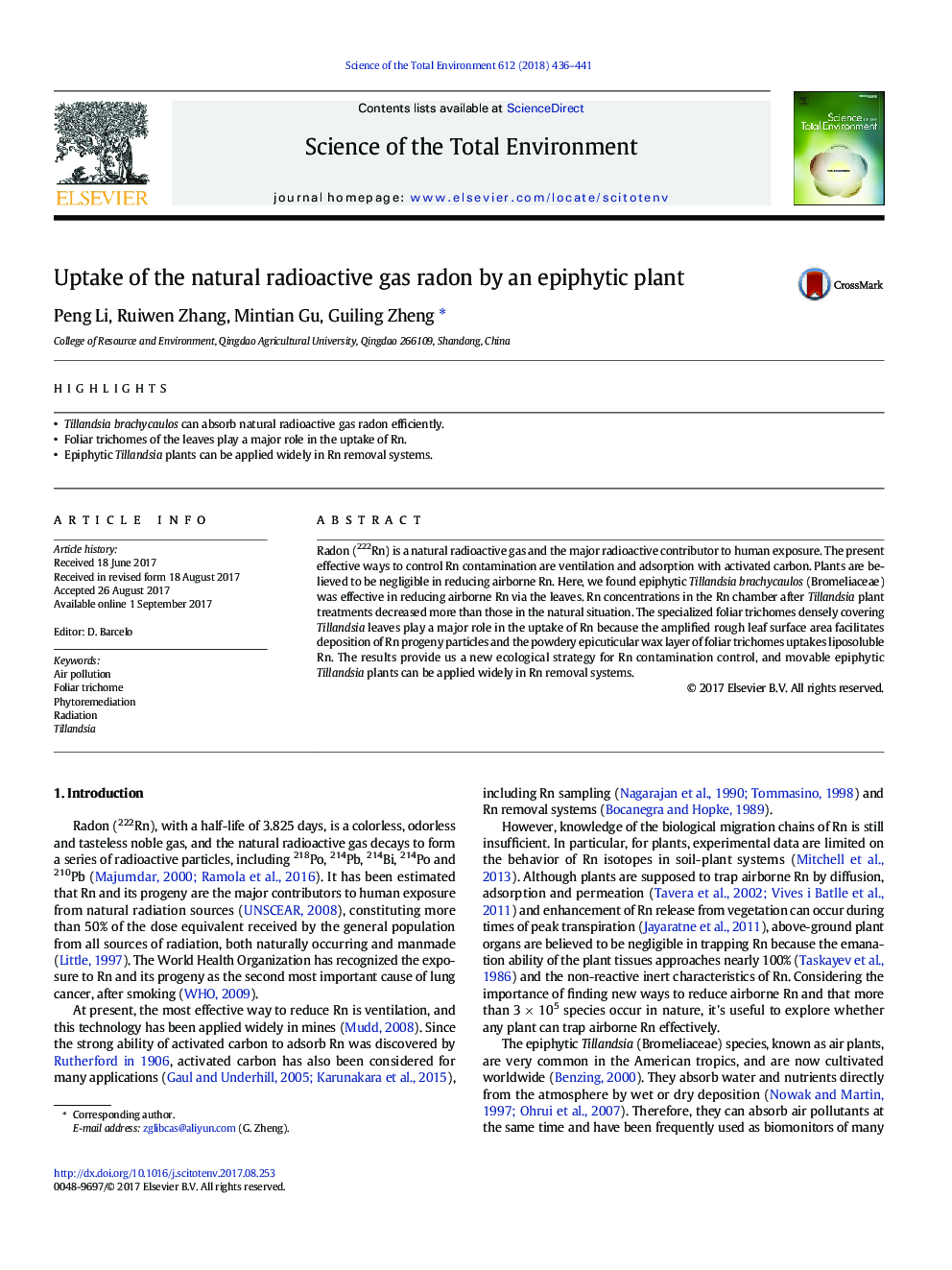 Uptake of the natural radioactive gas radon by an epiphytic plant