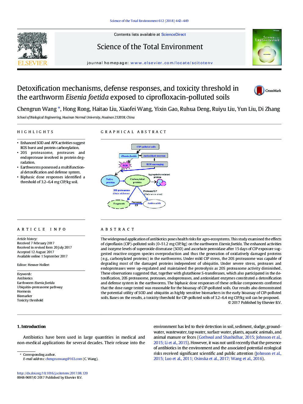 Detoxification mechanisms, defense responses, and toxicity threshold in the earthworm Eisenia foetida exposed to ciprofloxacin-polluted soils