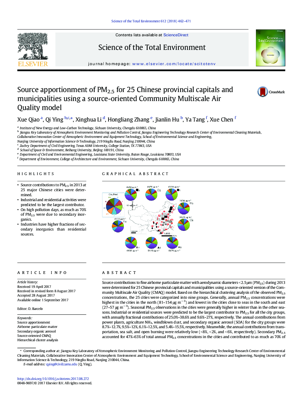 Source apportionment of PM2.5 for 25 Chinese provincial capitals and municipalities using a source-oriented Community Multiscale Air Quality model