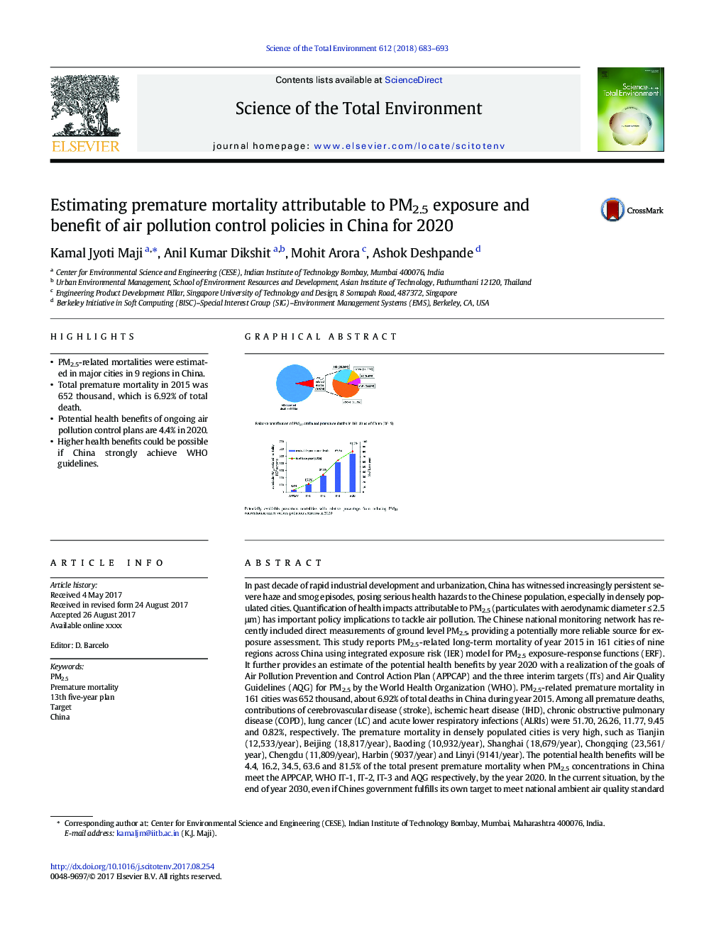 Estimating premature mortality attributable to PM2.5 exposure and benefit of air pollution control policies in China for 2020