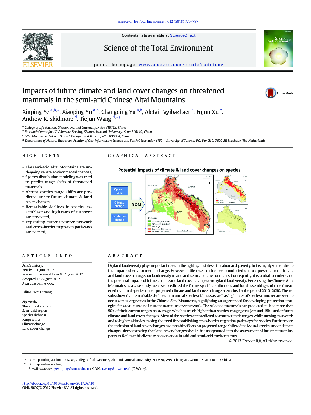 Impacts of future climate and land cover changes on threatened mammals in the semi-arid Chinese Altai Mountains