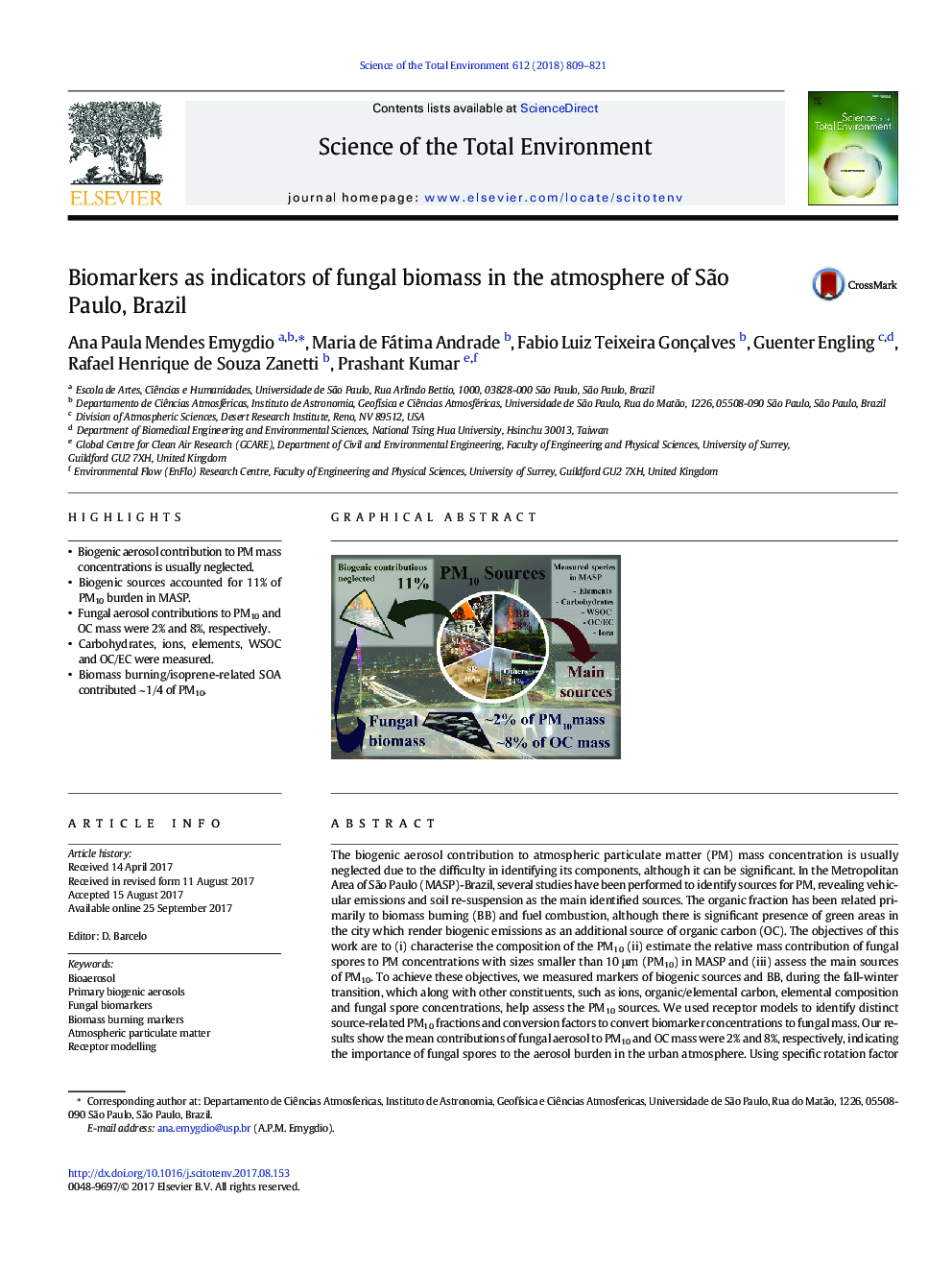 Biomarkers as indicators of fungal biomass in the atmosphere of SÃ£o Paulo, Brazil