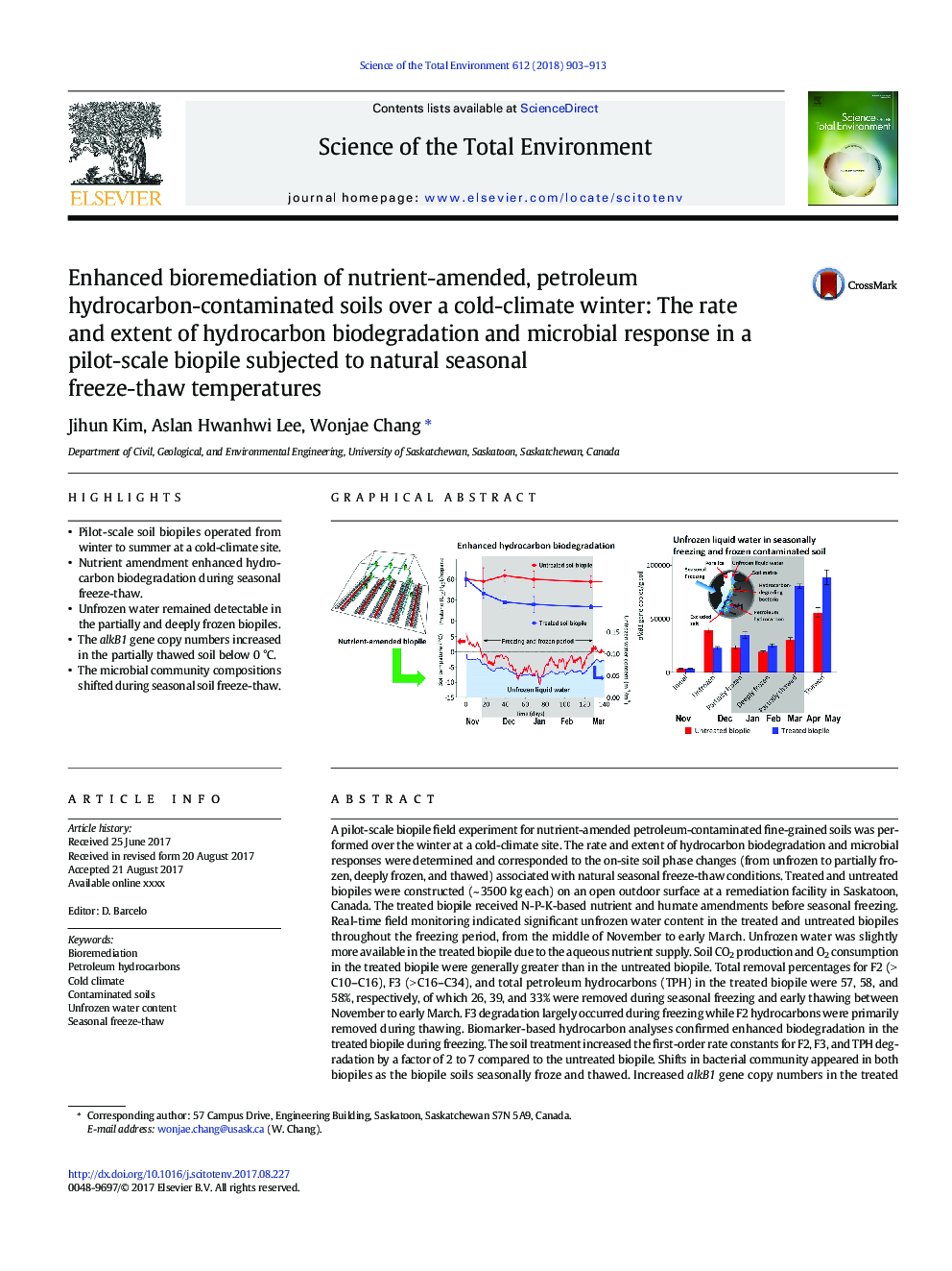 Enhanced bioremediation of nutrient-amended, petroleum hydrocarbon-contaminated soils over a cold-climate winter: The rate and extent of hydrocarbon biodegradation and microbial response in a pilot-scale biopile subjected to natural seasonal freeze-thaw t