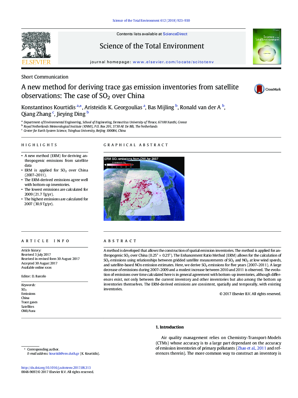 عکس صفحه اول مقاله: A new method for deriving trace gas emission inventories from satellite observations: The case of SO2 over China A new method for deriving trace gas emission inventories from satellite observations: The case of SO2 over China