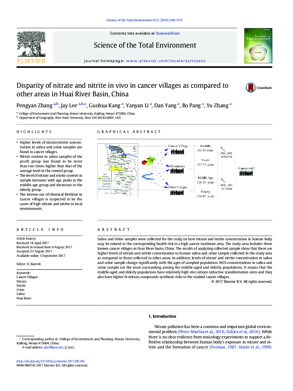 Disparity of nitrate and nitrite in vivo in cancer villages as compared to other areas in Huai River Basin, China