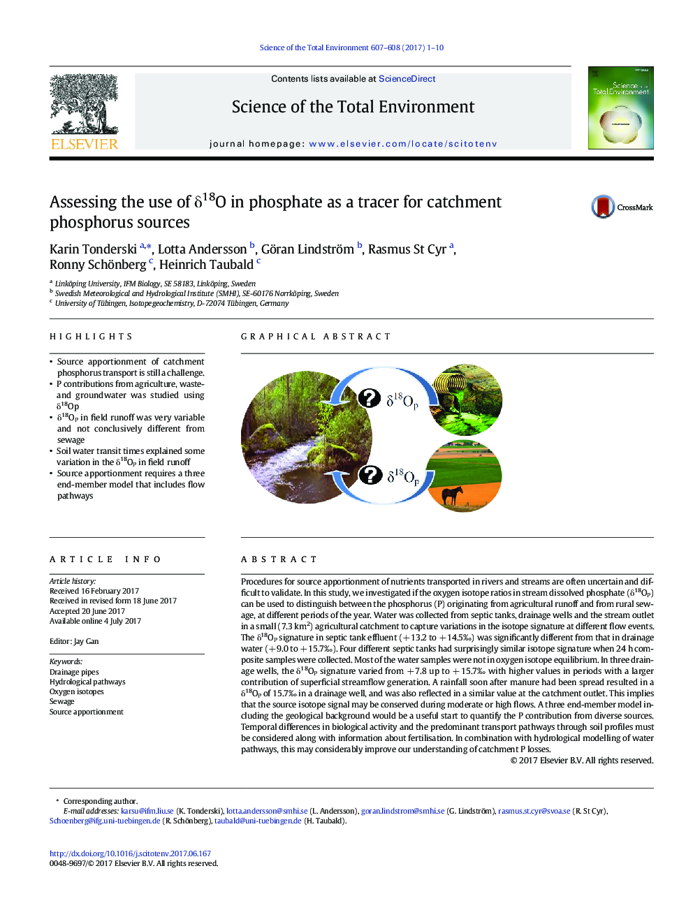 Assessing the use of Î´18O in phosphate as a tracer for catchment phosphorus sources